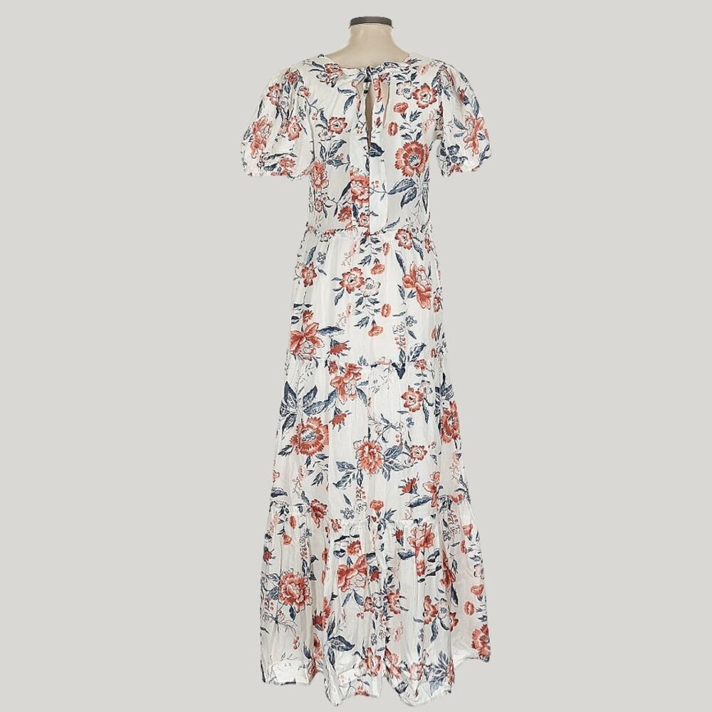 Lucky Brand Short Puff Sleeve V-neck Tiered Tie Back Floral Maxi Dress sz XS - Picture 3 of 7